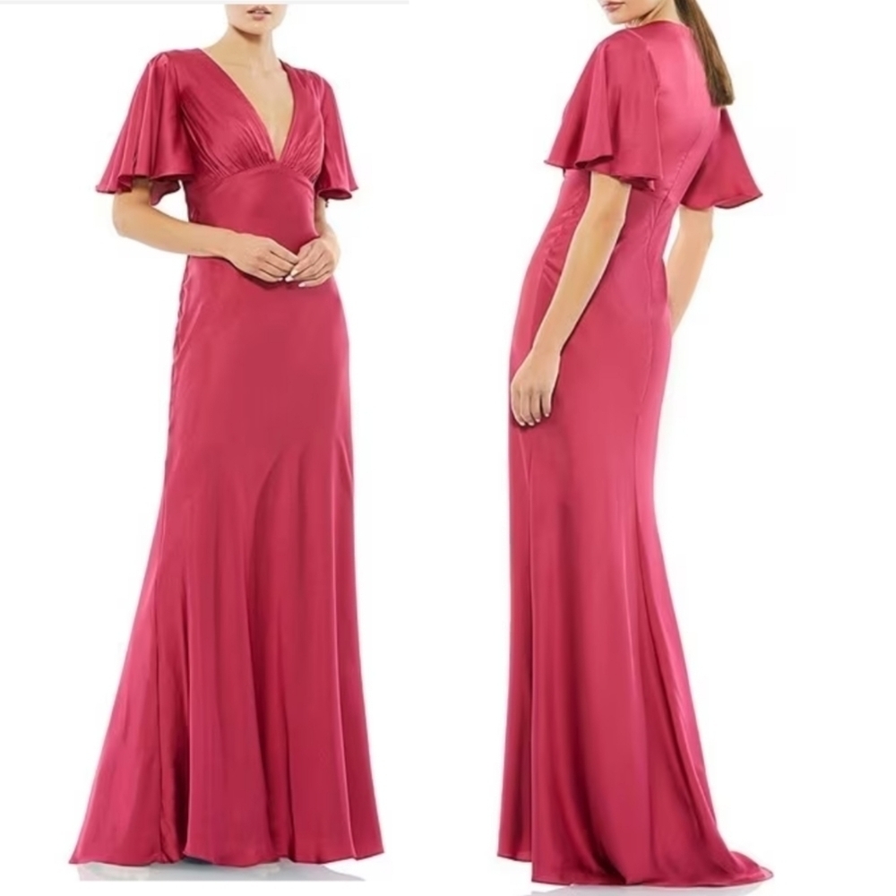Mac Duggal Gown Womens Size 0 Fuschia Pink Maxi Dress V-Neck Flutter Sleeve
